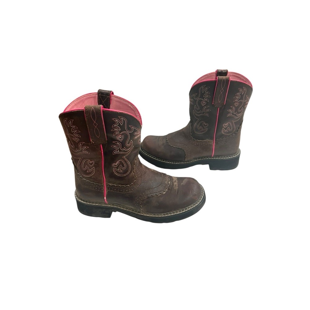Ariat Brown Leather Ankle Cowboy Boots with Pink Trim